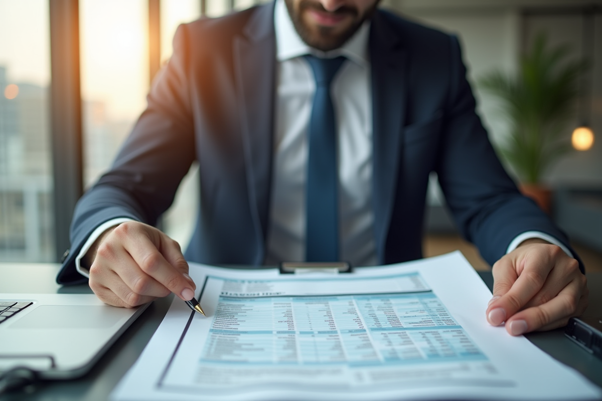 Professionnel en tenue élégante examinant des documents financiers