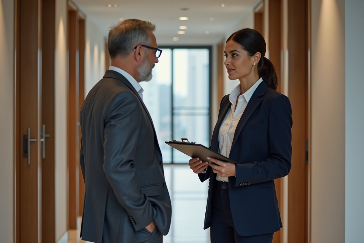 Femme professionnelle en costume bleu parle avec un homme dans un hall moderne