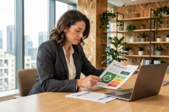 Professionnelle de l'immobilier analysant des critères RSE CEAPC lors d'une réunion stratégique en bureau moderne