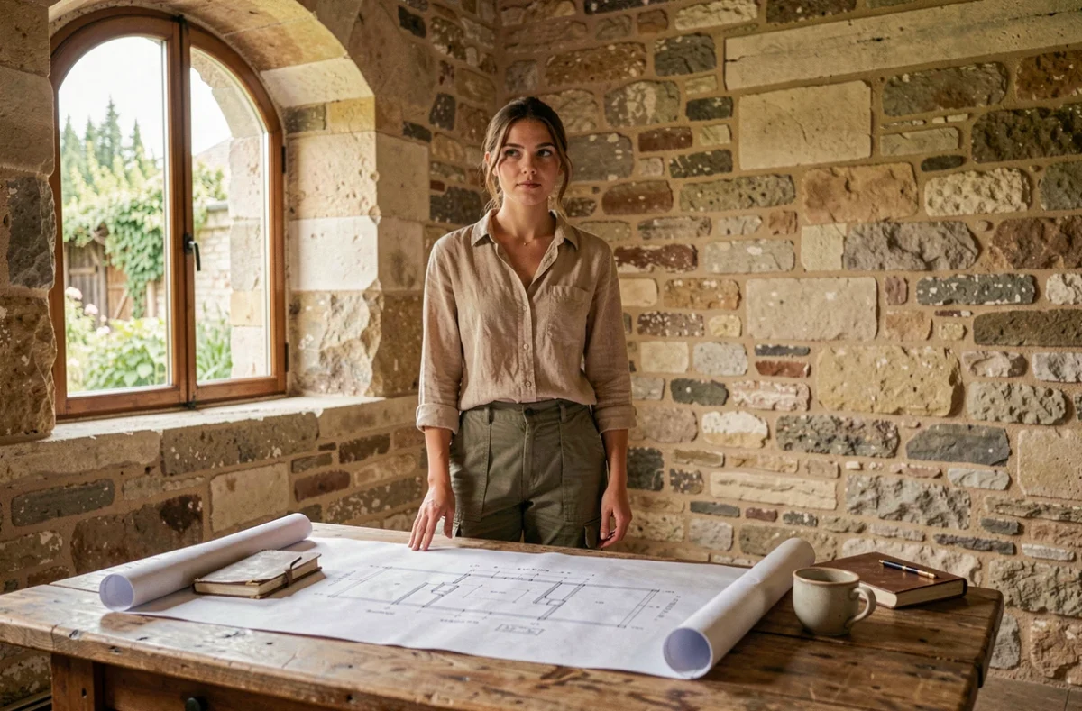 Femme étudiant des plans architecturaux pour la restauration d'un château abandonné, projet de rénovation du patrimoine