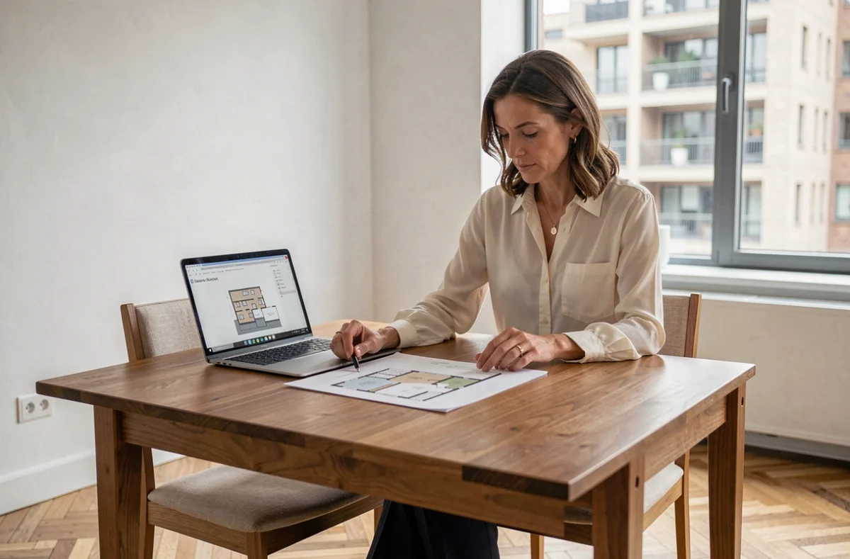 Propriétaire analysant les documents de vente d'un appartement avec garage en lot dans un intérieur contemporain