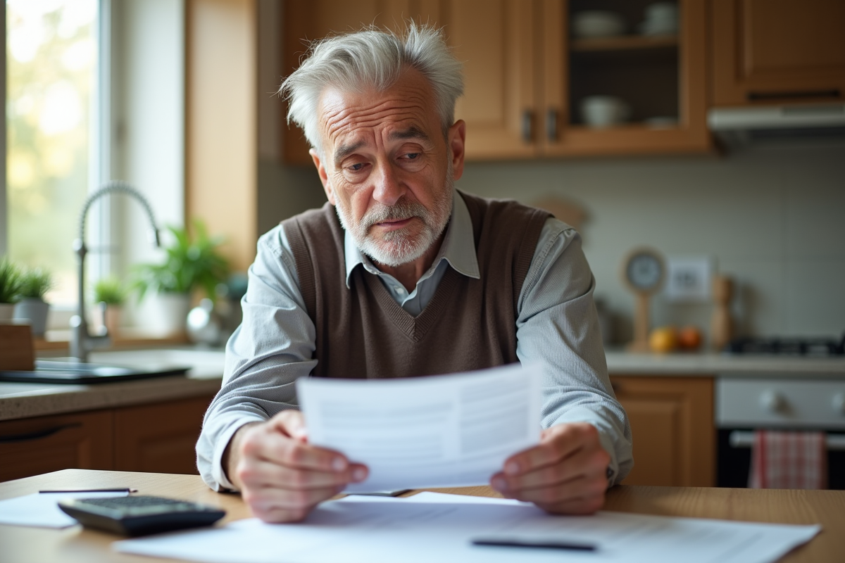 Propriétaire inquiet examinant des documents dans la cuisine