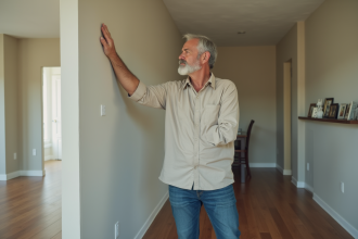 Proprietaire de maison inspectant un mur intérieur modeste