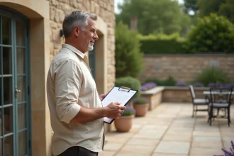 Propriétaire consultant des documents fiscaux sur une terrasse en pierre attenante à une maison française, illustrant les critères de la taxe foncière sur les terrasses