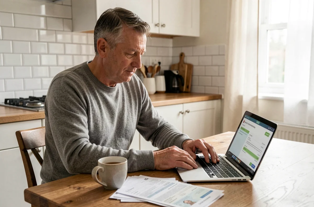 Propriétaire vérifiant le versement de son loyer par l'agence immobilière sur son ordinateur portable dans sa cuisine avec des relevés bancaires