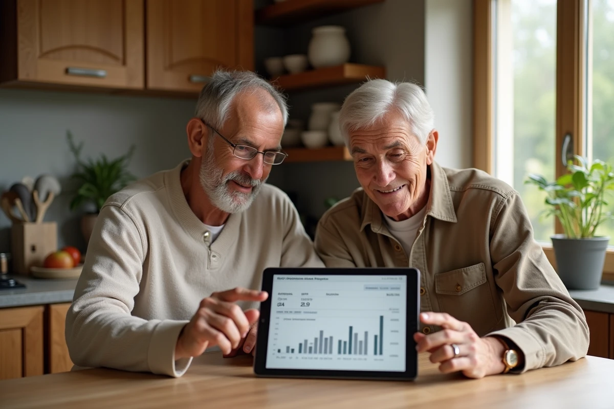 Couple de propriétaires consultant les indices du marché immobilier 2026 sur une tablette dans leur cuisine