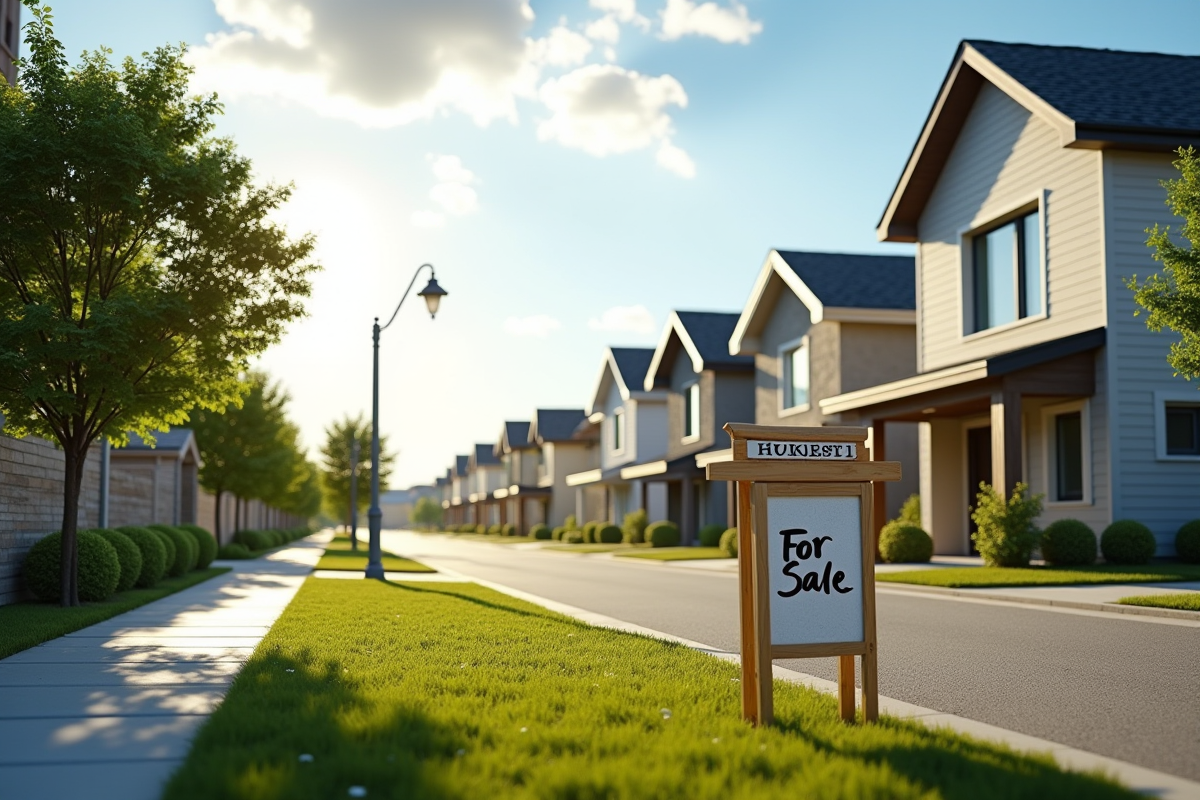 Rue résidentielle avec maisons modernes et panneau a vendre