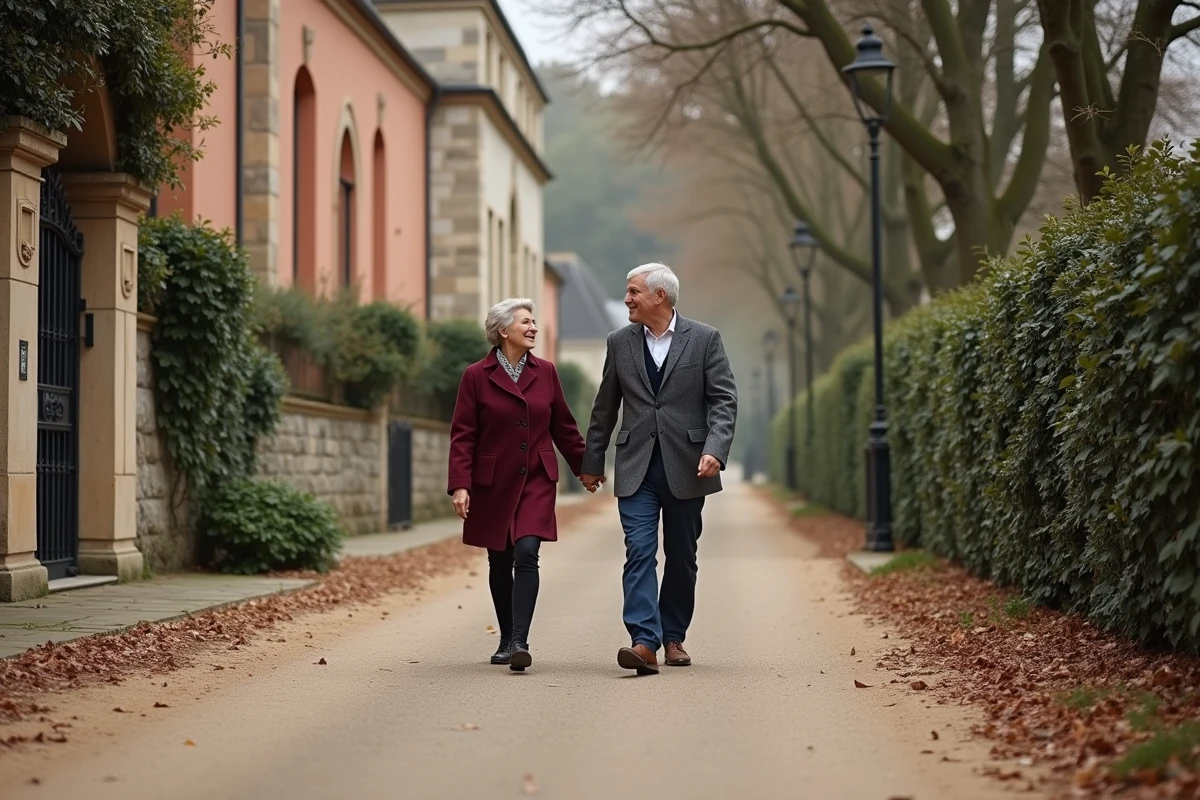 Couple se promenant dans une avenue résidentielle du quartier Paramé à Saint-Malo en automne