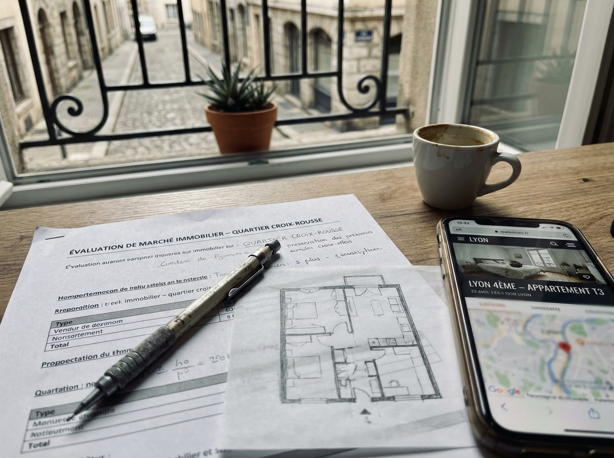 Documents d'évaluation immobilière sur un bureau dans un appartement lyonnais