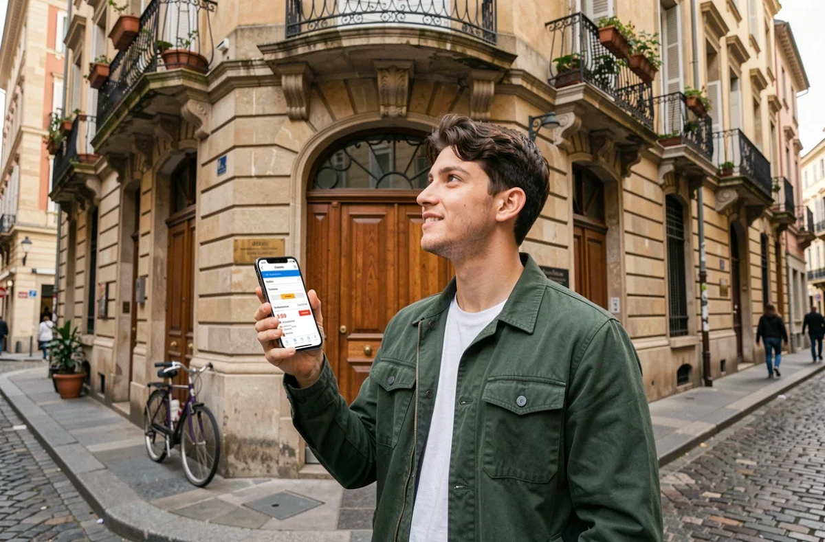 Jeune homme recherchant un appartement étudiant dans le quartier Croix-Rousse à Lyon avec son smartphone