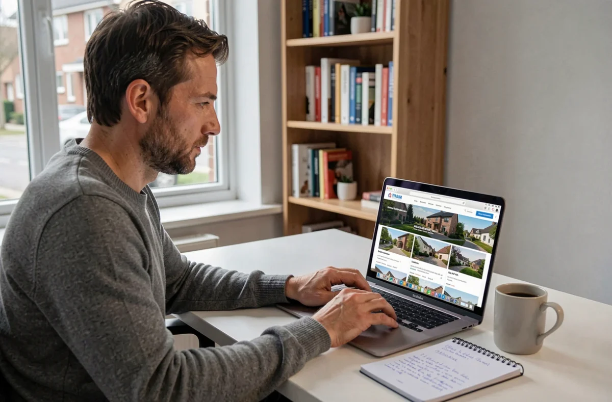 Homme comparant des annonces immobilières en ligne sur une plateforme FNAIM depuis son bureau à domicile