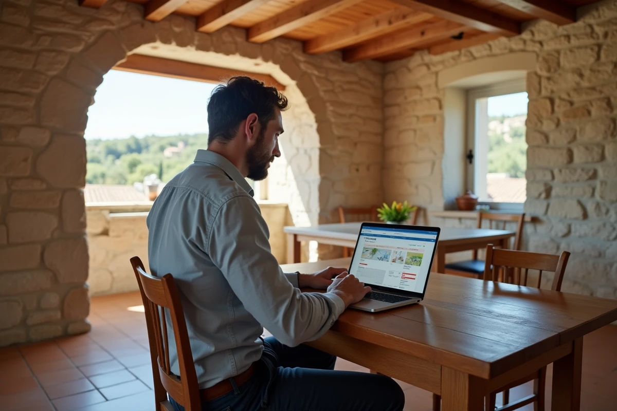 Homme cherchant une location sur Le Bon Coin depuis un appartement de style provençal avec vue sur les toits de Carcassonne