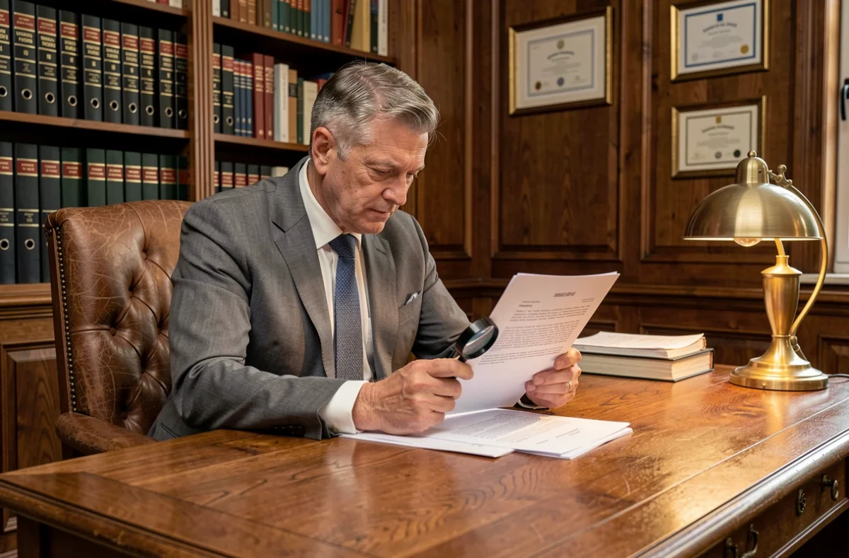 Gestionnaire expérimenté de la Régie des Célestins examinant un contrat de location dans un bureau traditionnel à Lyon