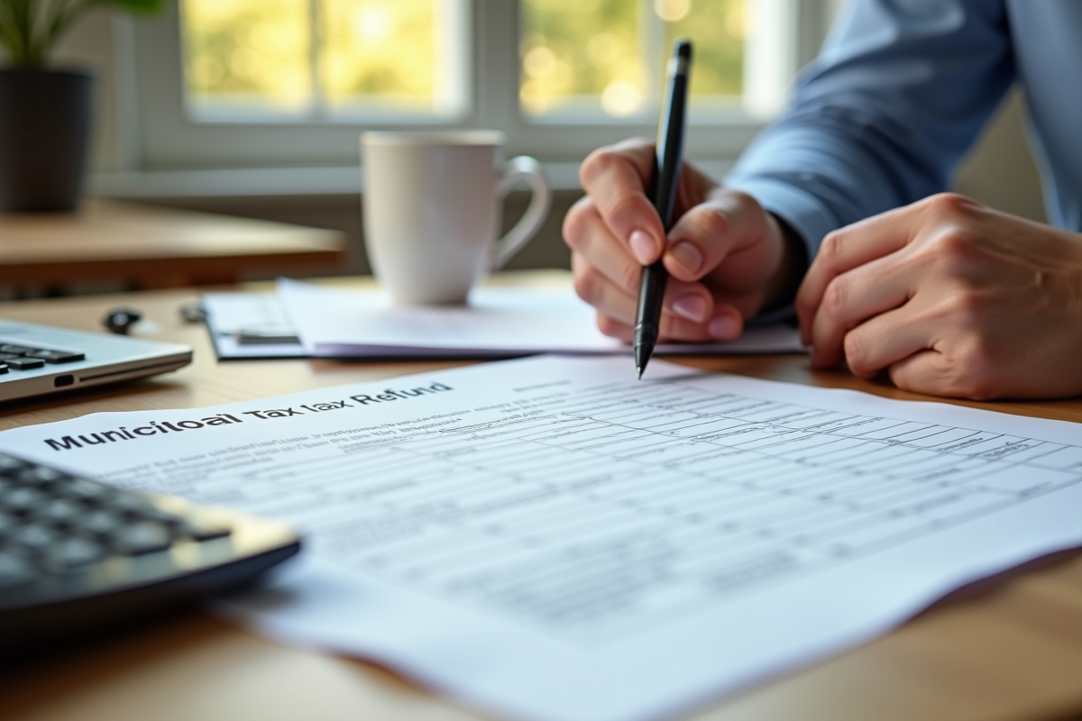 Main remplissant un formulaire de remboursement de taxes municipales