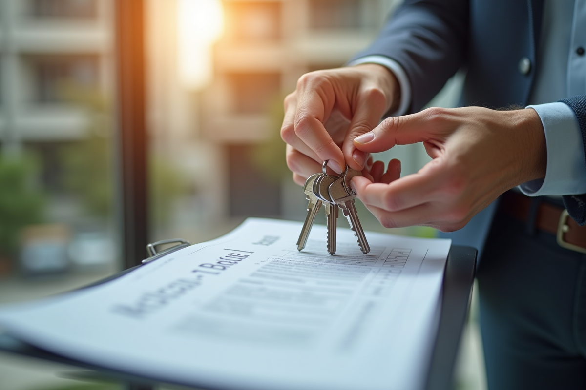 Echange de clés dans le hall d un immeuble neuf