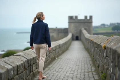Femme se promenant sur les remparts de Saint-Malo intra-muros avec vue sur l'océan Atlantique