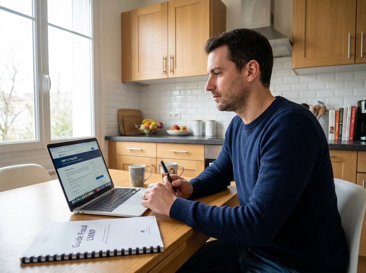 Homme remplissant sa déclaration LMNP en ligne depuis sa cuisine avec guide fiscal imprimé