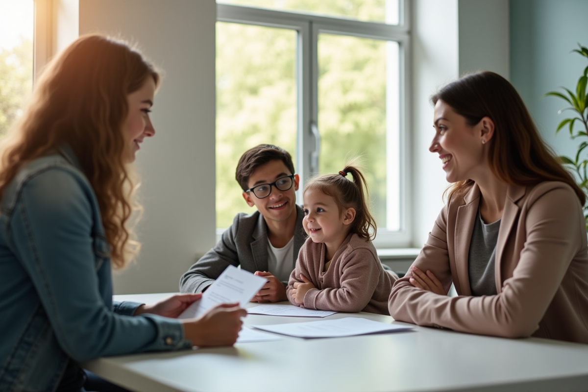 Famille rencontrant une assistante sociale dans un bureau lumineux