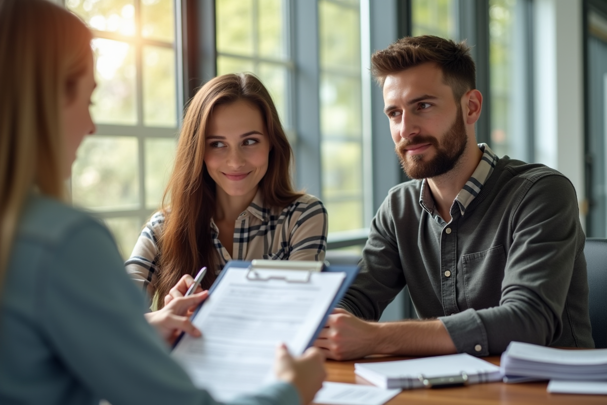 Jeune couple rencontrant un conseiller immobilier dans un bureau lumineux