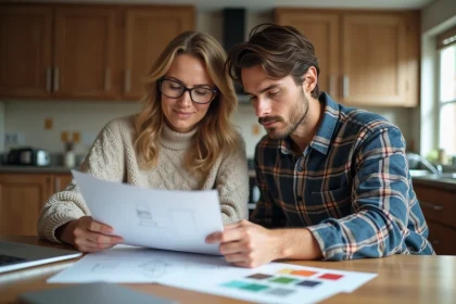 Femme et jeune homme examinant des documents de renovation dans la cuisine