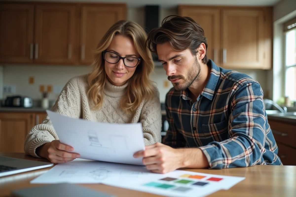 Femme et jeune homme examinant des documents de renovation dans la cuisine