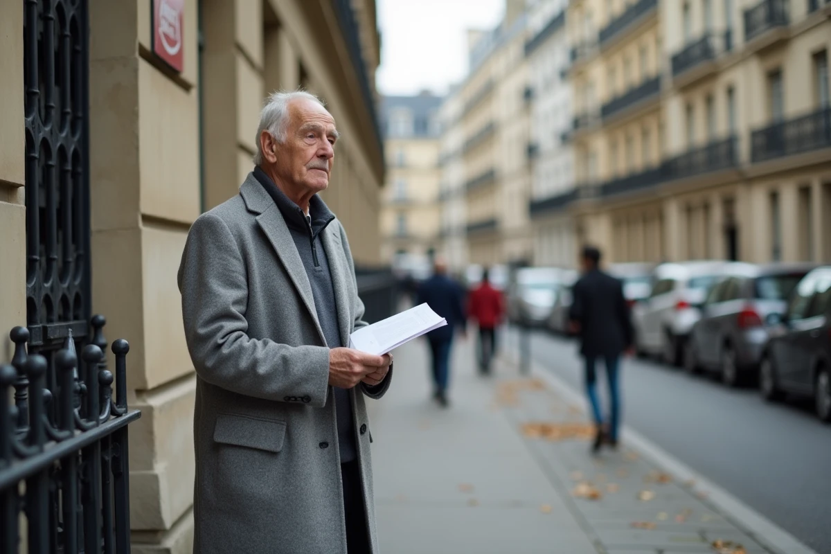 Homme retraité devant un immeuble parisien évaluant un bien immobilier dans le cadre d'un viager mutualisé