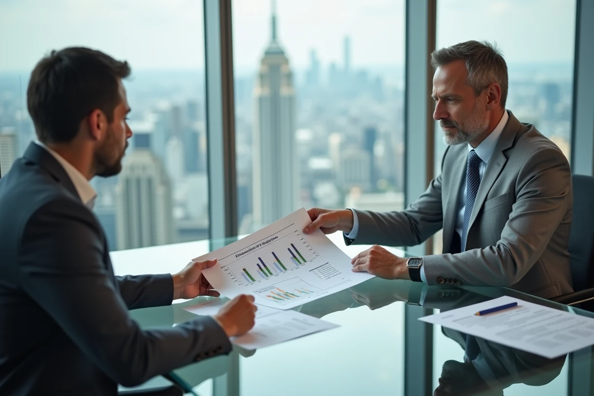 Homme d'affaires consultant un conseiller financier pour comparer la création d'une SCI et l'achat immobilier en nom propre