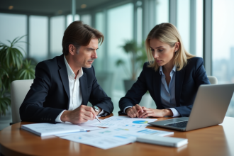 Homme et femme d affaires en réunion financière