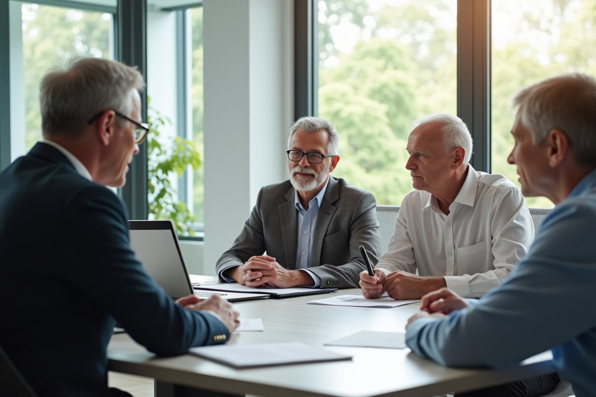 Réunion immobilière avec conseiller et couple mature