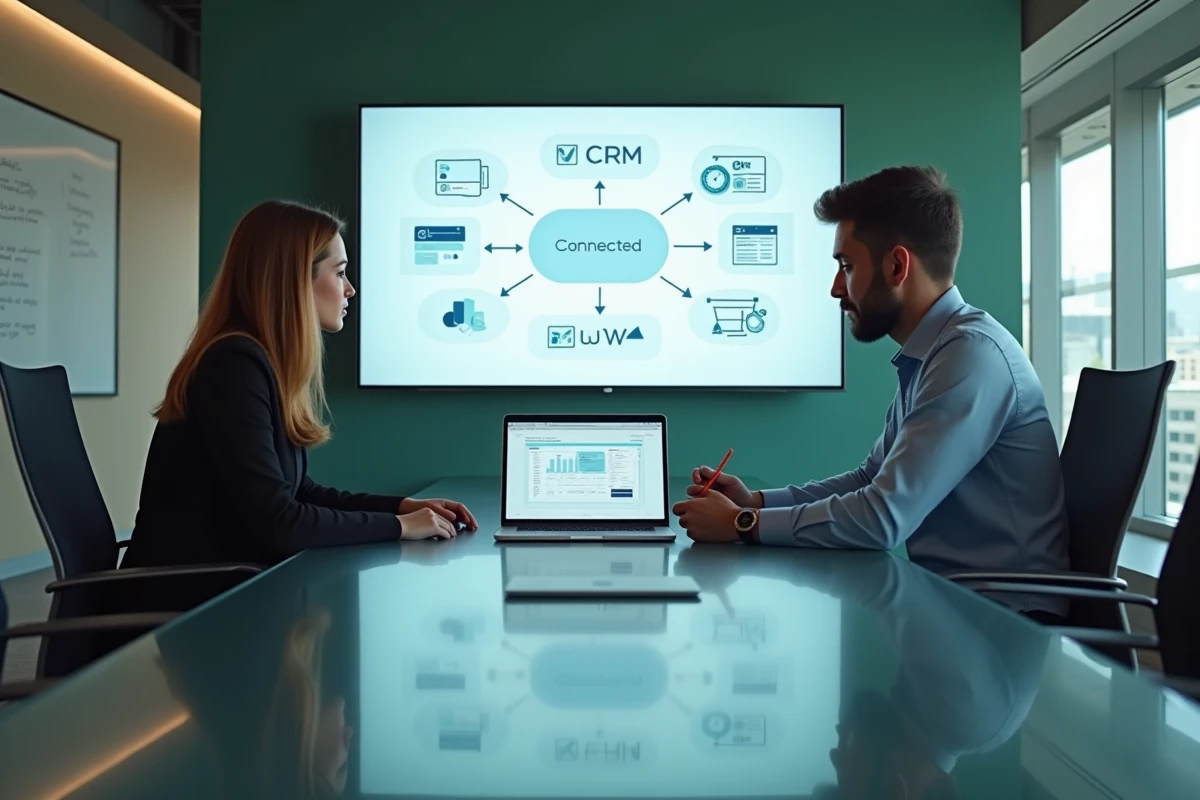 Deux collègues analysant un schéma d'intégration d'outils numériques pour optimiser le suivi client en entreprise