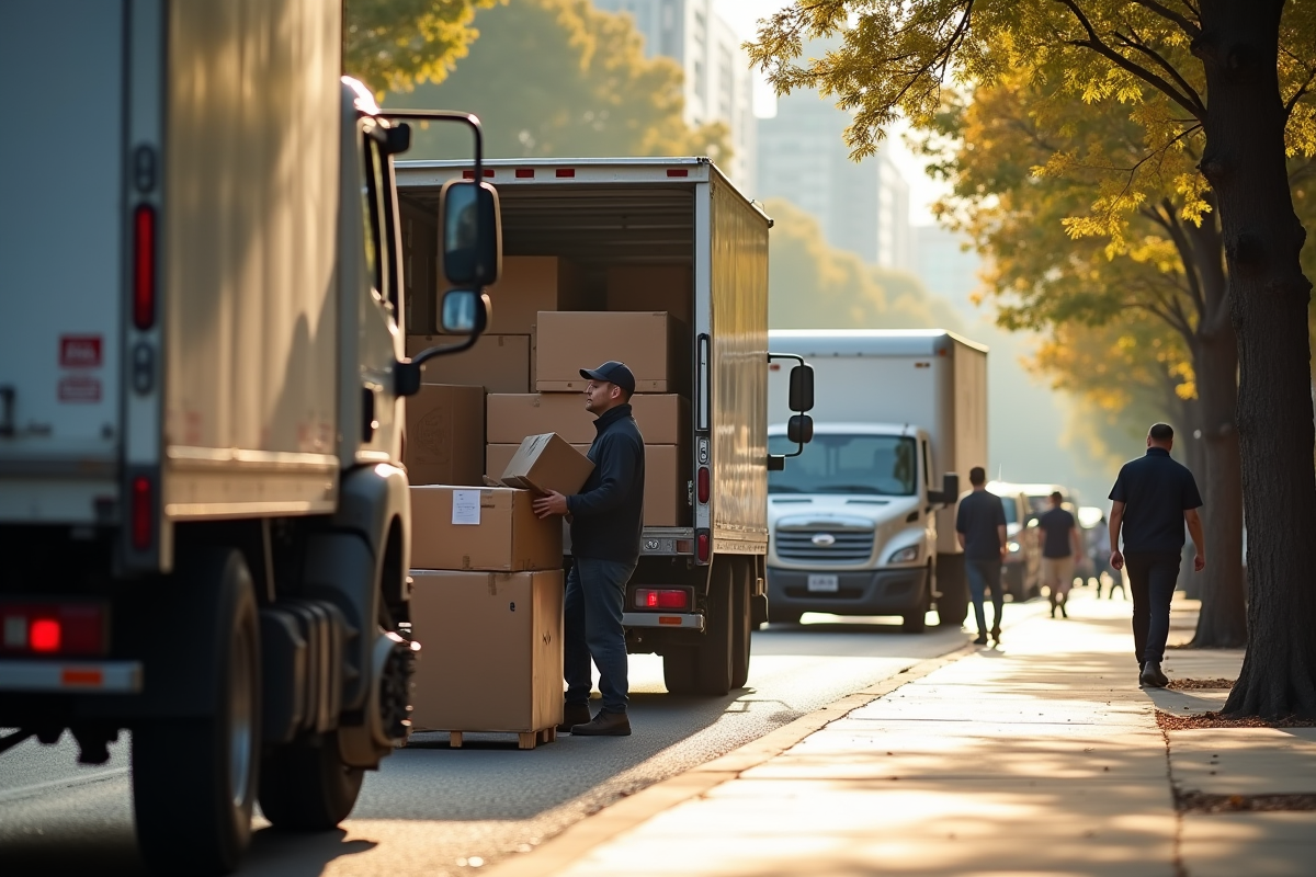 Camions de déménagement et déménageurs en action en ville