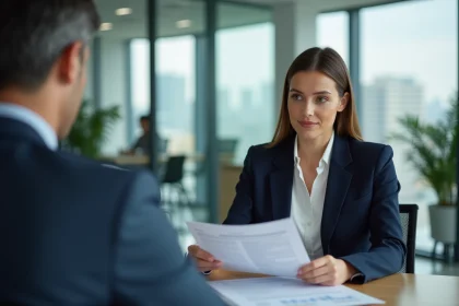 Salariée du secteur privé en consultation avec un conseiller logement dans un bureau moderne, examinant des documents sur les aides au logement du comité interprofessionnel