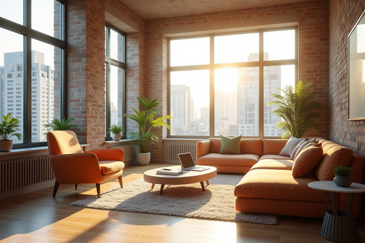 Salon lumineux dans un appartement rénové avec grandes fenêtres