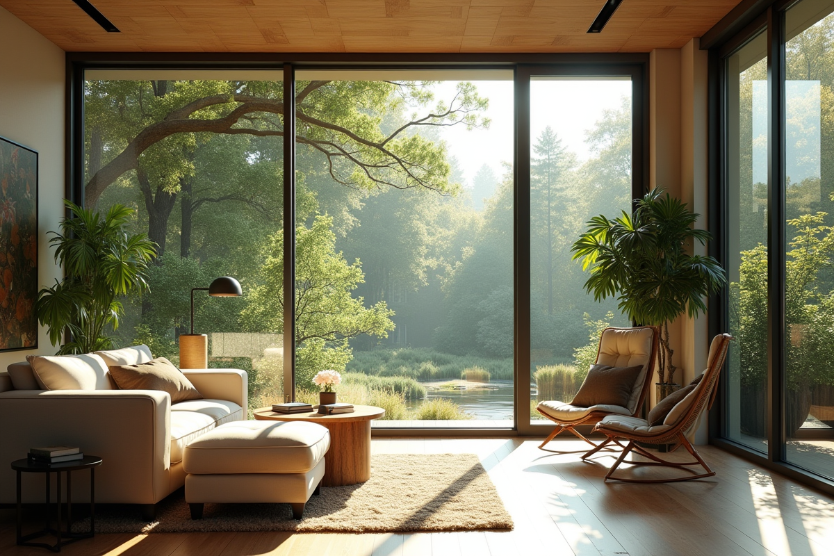 Salon moderne avec grandes fenêtres en triple vitrage lumineux