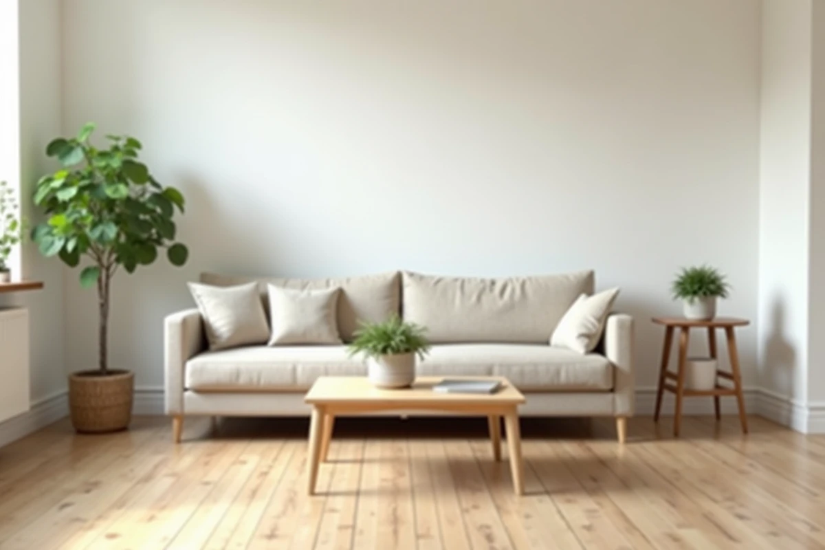 Salon épuré et bien rangé d'une maison en vente, mobilier minimaliste et décoration neutre pour séduire les acheteurs