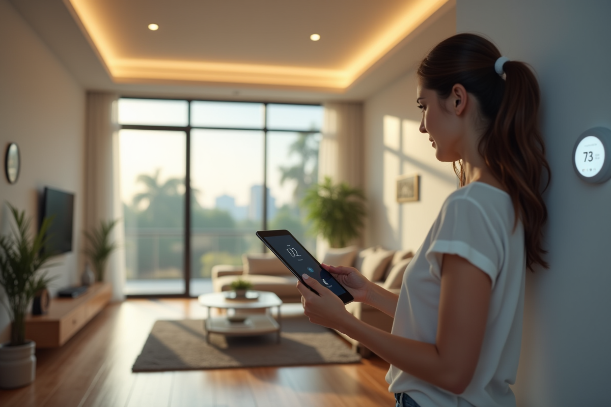 Salon moderne avec thermostat intelligent et lumière naturelle