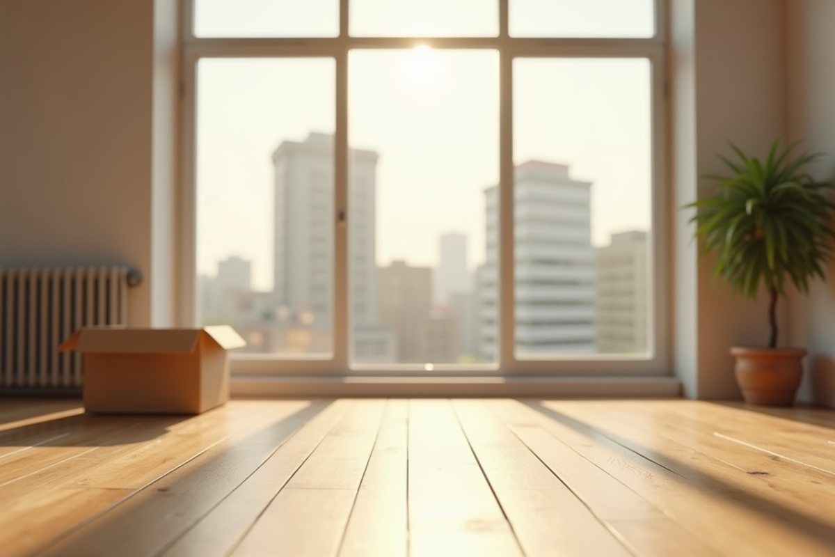 Salon vide avec lumière naturelle et carton de déménagement