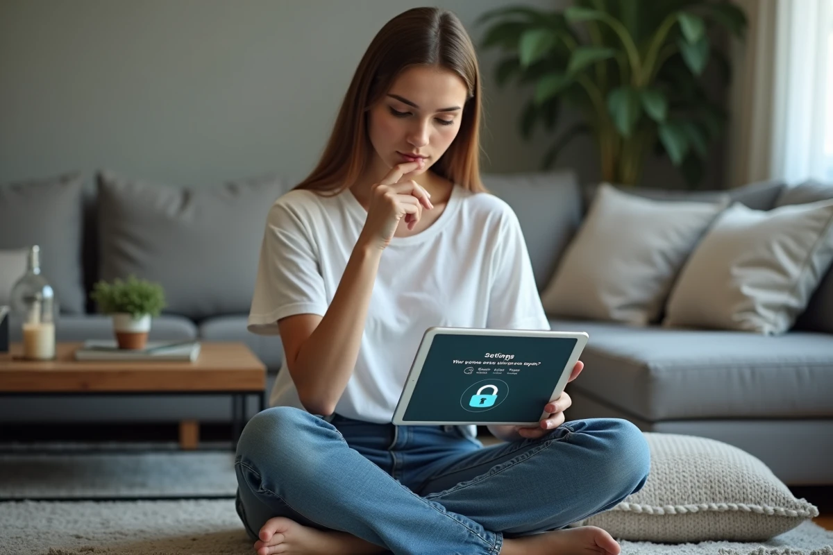 Jeune femme configurant la sécurité et l'authentification de son compte MyCitya sur une tablette dans un salon