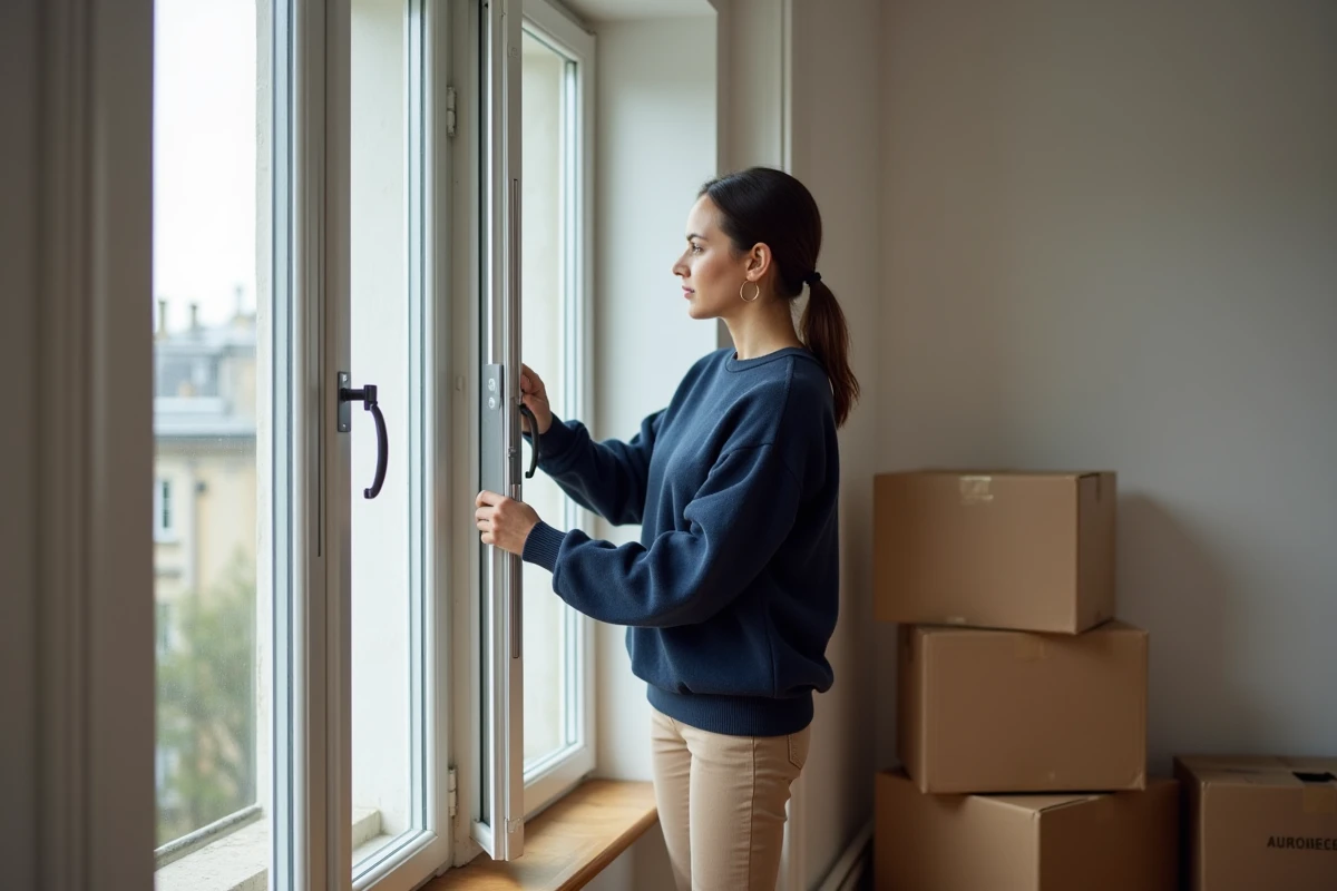 Femme sécurisant une fenêtre d'un appartement en location lors d'un déménagement au Havre