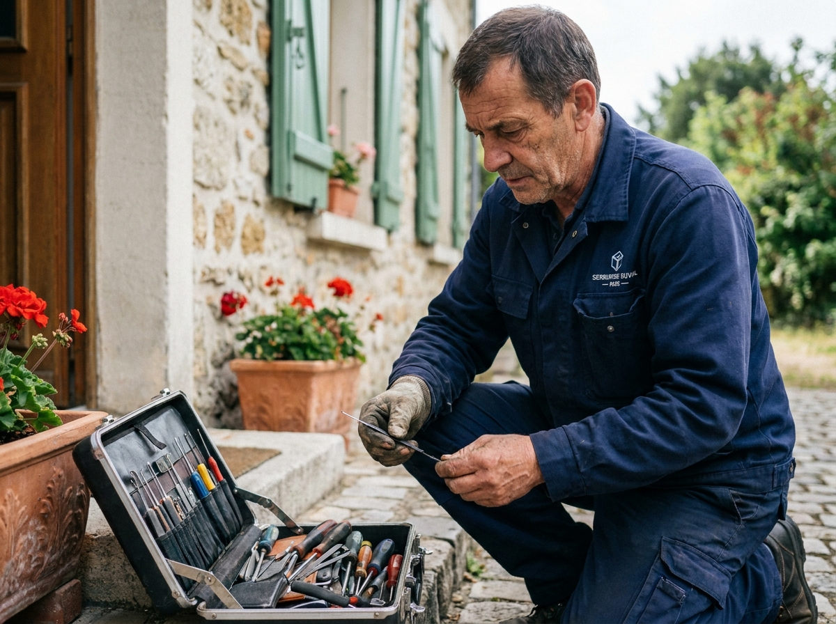 Serrurier professionnel avec sa boîte à outils devant une maison française pour une intervention d'urgence