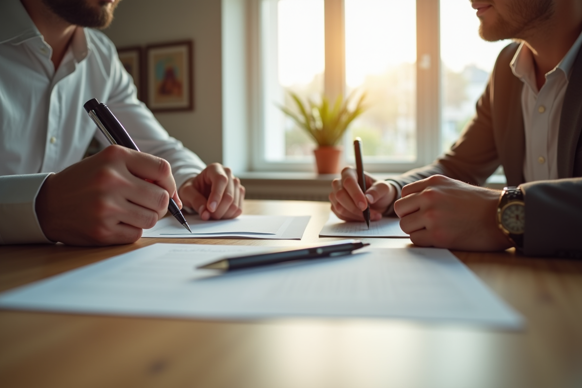 Un locataire et un propriétaire signent un contrat d'assurance dans la cuisine