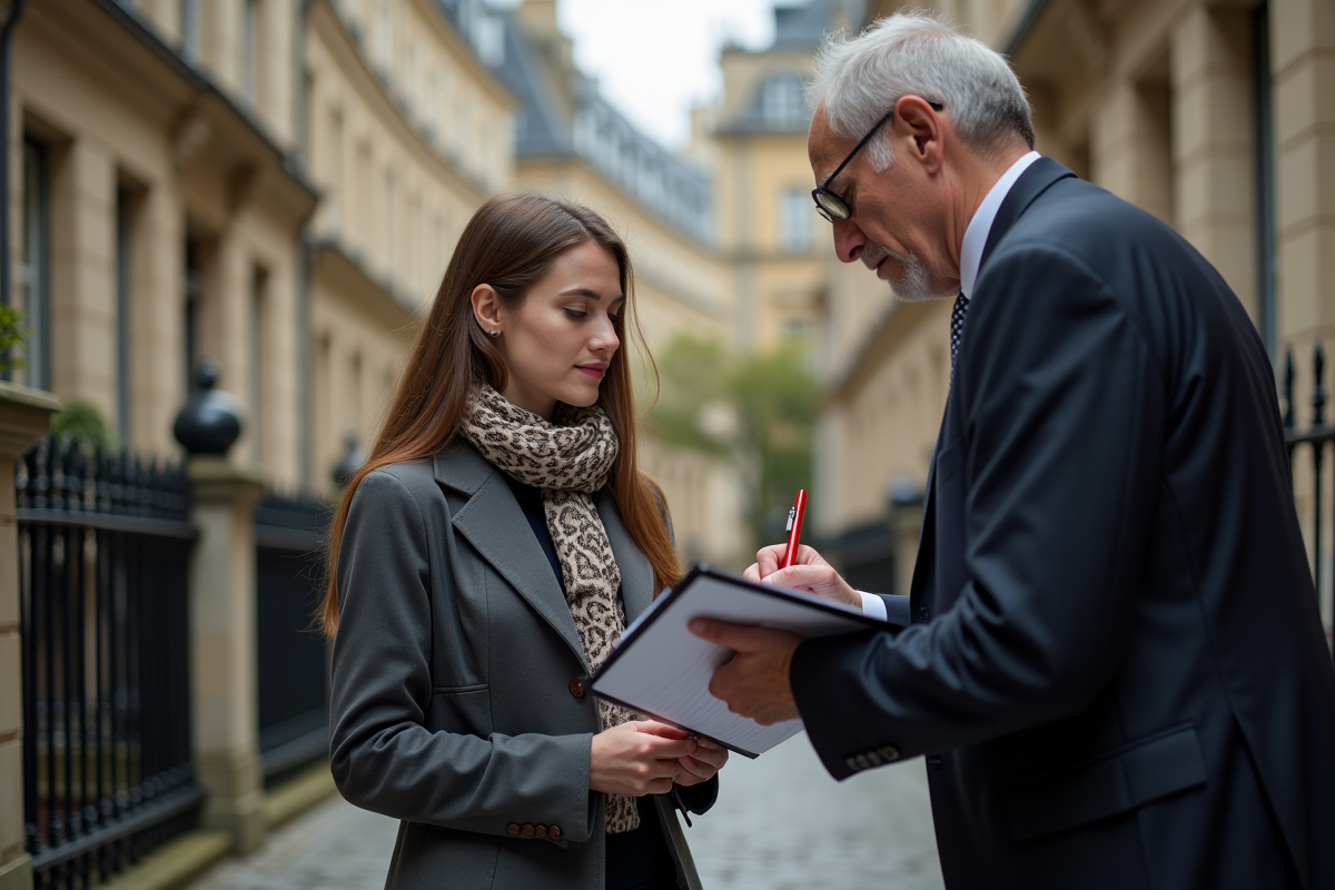 Jeune femme signant un contrat devant un immeuble parisien