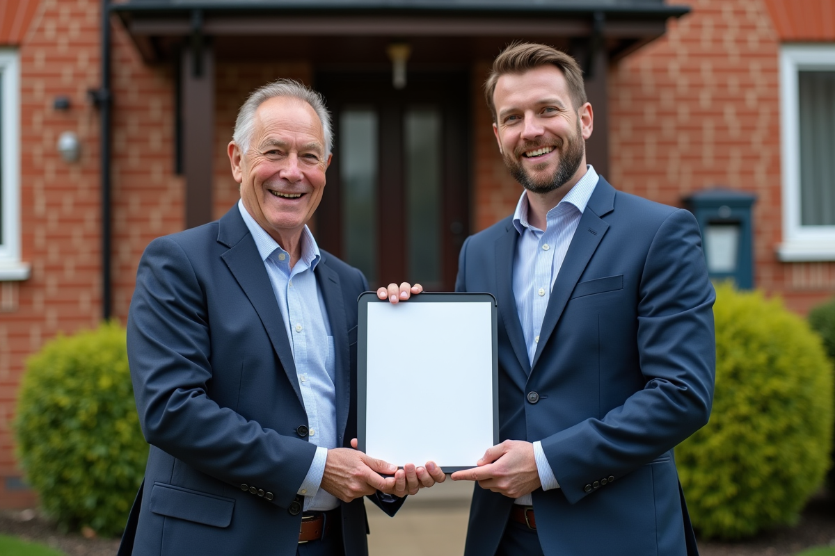 Deux hommes en costume tenant un contrat devant une maison