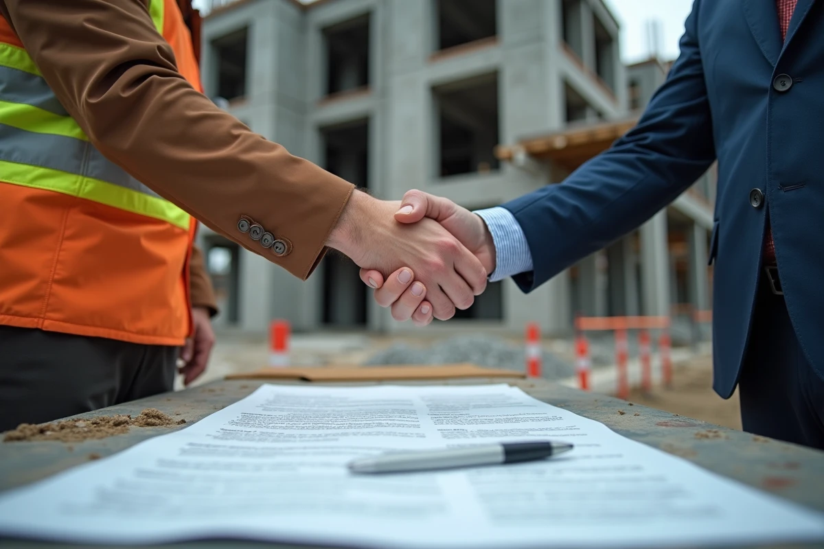 Deux professionnels signant un contrat de travaux avec clause de révision de prix sur un chantier de construction