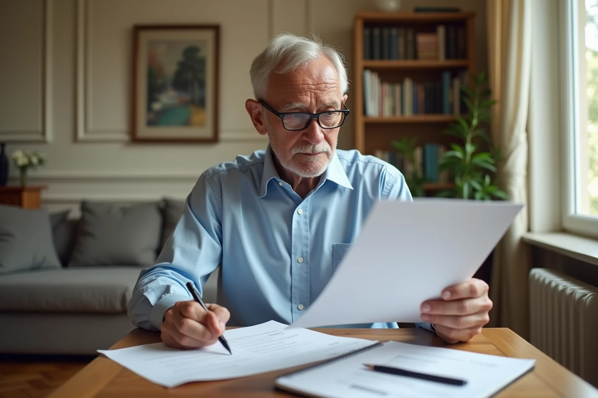 Un homme âgé examine des documents de simulation viager à son domicile, illustrant la préparation d'un projet viager avant mise en vente