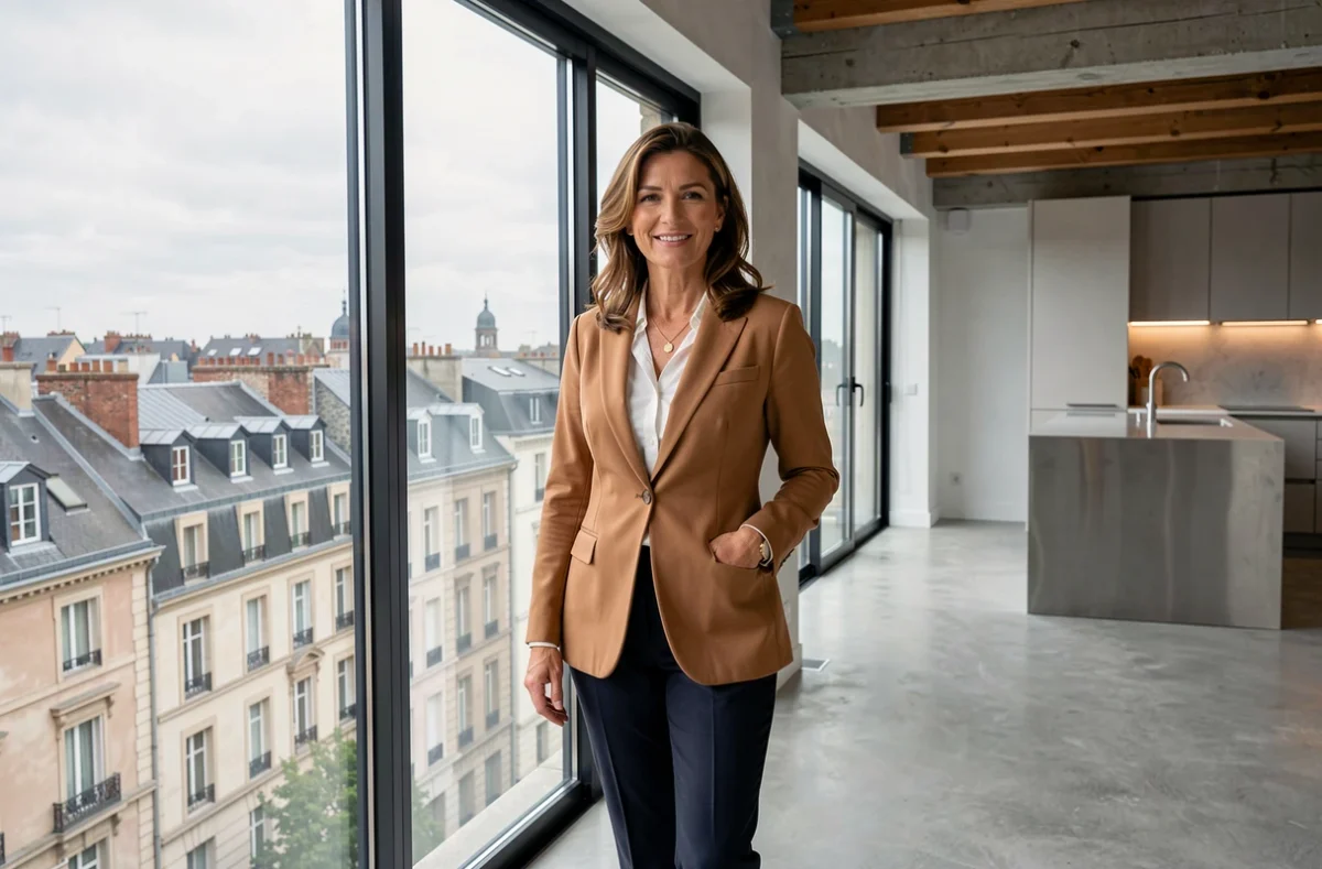 Agente Square Habitat dans un appartement moderne avec vue sur les toits historiques de Dijon