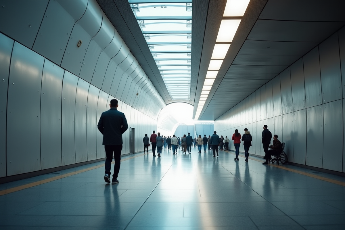 Station de metro souterraine avec passagers et lumiere naturelle