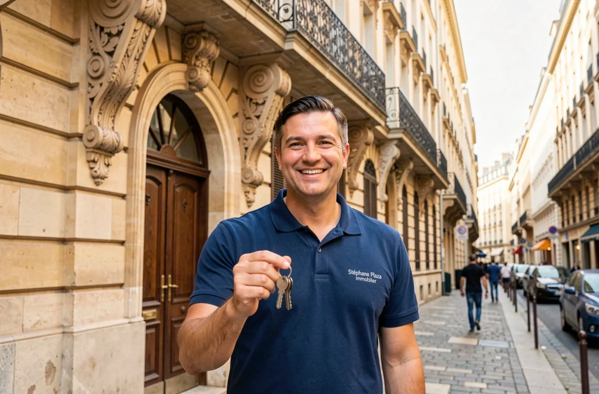 Agent Stéphane Plaza Immobilier Dijon Centre devant un immeuble haussmannien avec des clés à la main