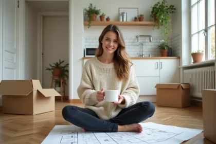 Jeune femme installée dans un studio bien organisé avec parquet en chevrons et lit escamotable, illustrant la vie en petit espace parisien