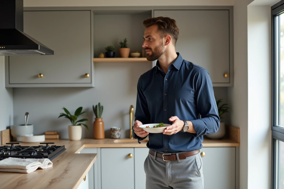 Homme seul cuisinant dans un T1 bis bien conçu avec espace de travail séparé par une cloison vitrée, illustrant la polyvalence de ce format d'appartement